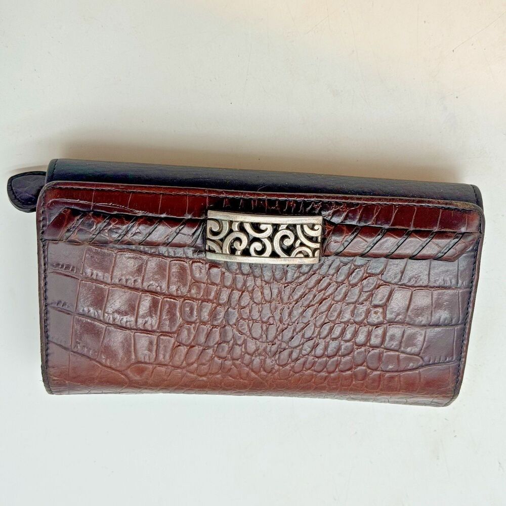 Vtg. Brighton Deco Lace Croc Embossed Leather Organizer Wallet Checkbook Clutch